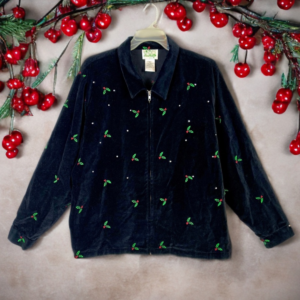 Quacker Factory Woman’s Vintage Black Velvet Holiday Holly Jacket / 2XL